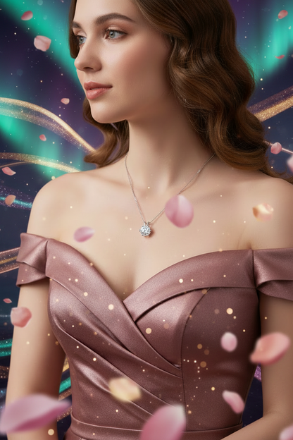 Silver pendant necklace on a satin off-shoulder dress with round crystal pendant
