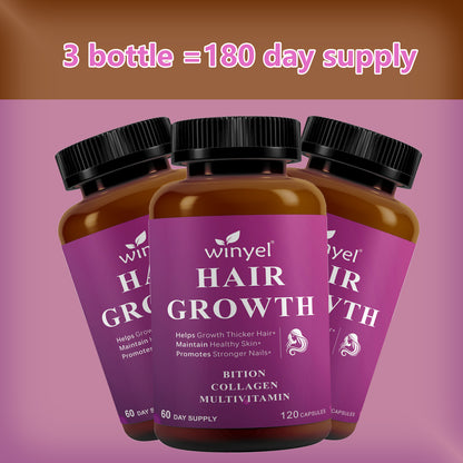 Hair growth supplement bottles, three amber bottles with black caps and purple labels
