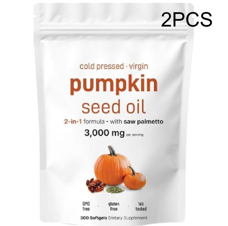 Pumpkin seed oil softgel pouch labeled 2PCS, 300 softgels, saw palmetto 2-in-1