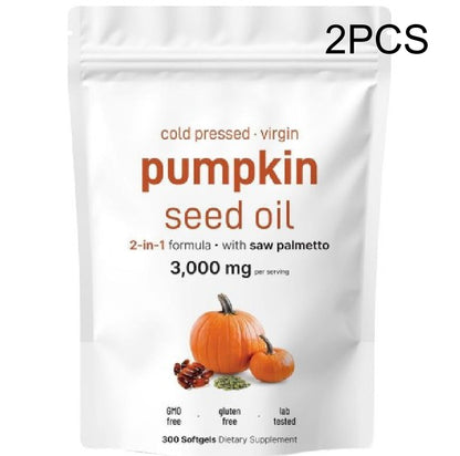 Pumpkin seed oil softgel pouch labeled 2PCS, 300 softgels, saw palmetto 2-in-1