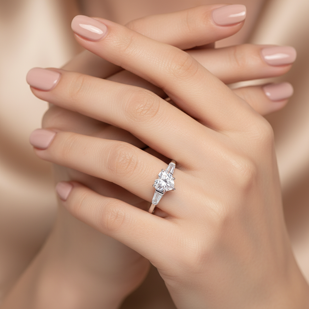 Silver ring with large square-cut gemstone in four-prong setting, close-up