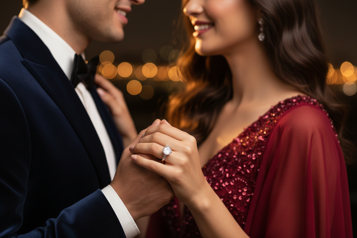 Silver engagement ring with large center stone on her finger