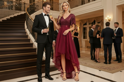Wine red ruffled irregular long dress with asymmetrical layered hem and fitted waist