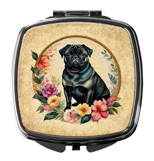 Black Pug and Flowers Compact Mirror