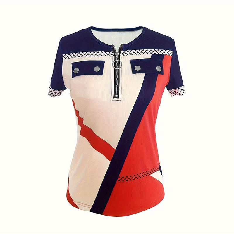 Women's Color Block Zipper T-Shirt, Casual Short Sleeve Summer Top