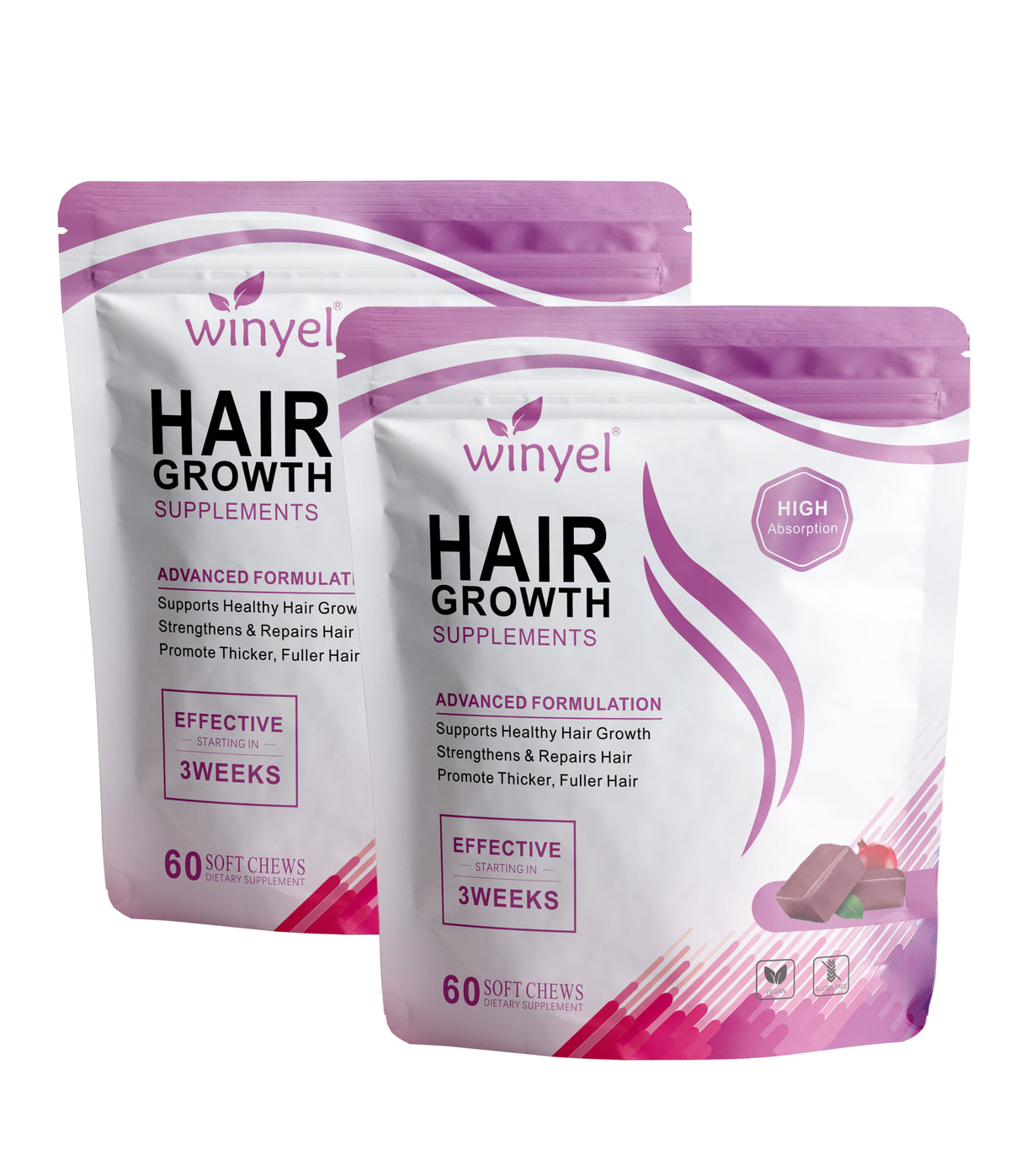 Two Hair Growth supplements pouches with “High Absorption” badge and 60 soft chews each