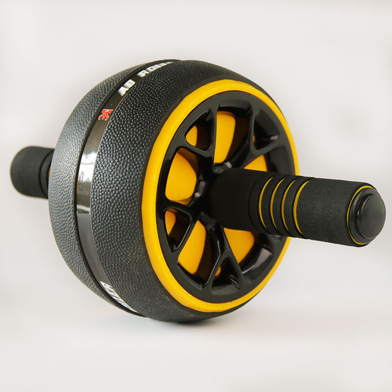 Abdominal wheel with black textured wheel and yellow center, black handle grips