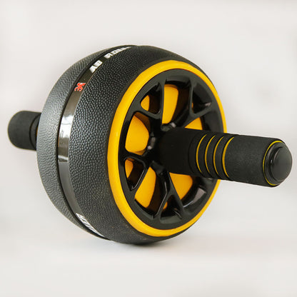 Abdominal wheel with black textured wheel and yellow center, black handle grips