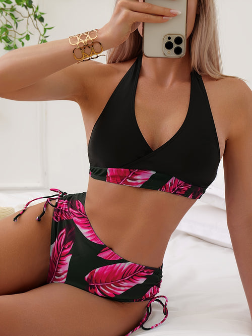 Women's Fashion Bikini Set, Sexy Drawstring Solid Color Tropical Print Two-piece Swimsuit.