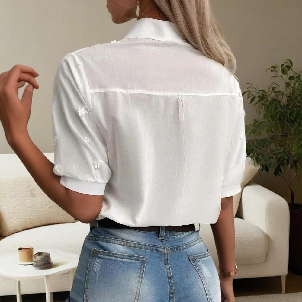 Women's V-Neck Embroidered Lace Short Sleeve Top - Pure White Sheer Mesh Lace Detail, Fashionable Casual Wear