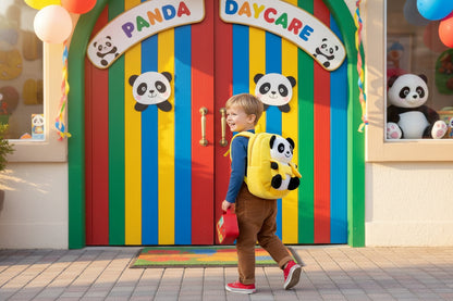 Yellow plush panda children’s school bag backpack with cartoon panda face and ears.