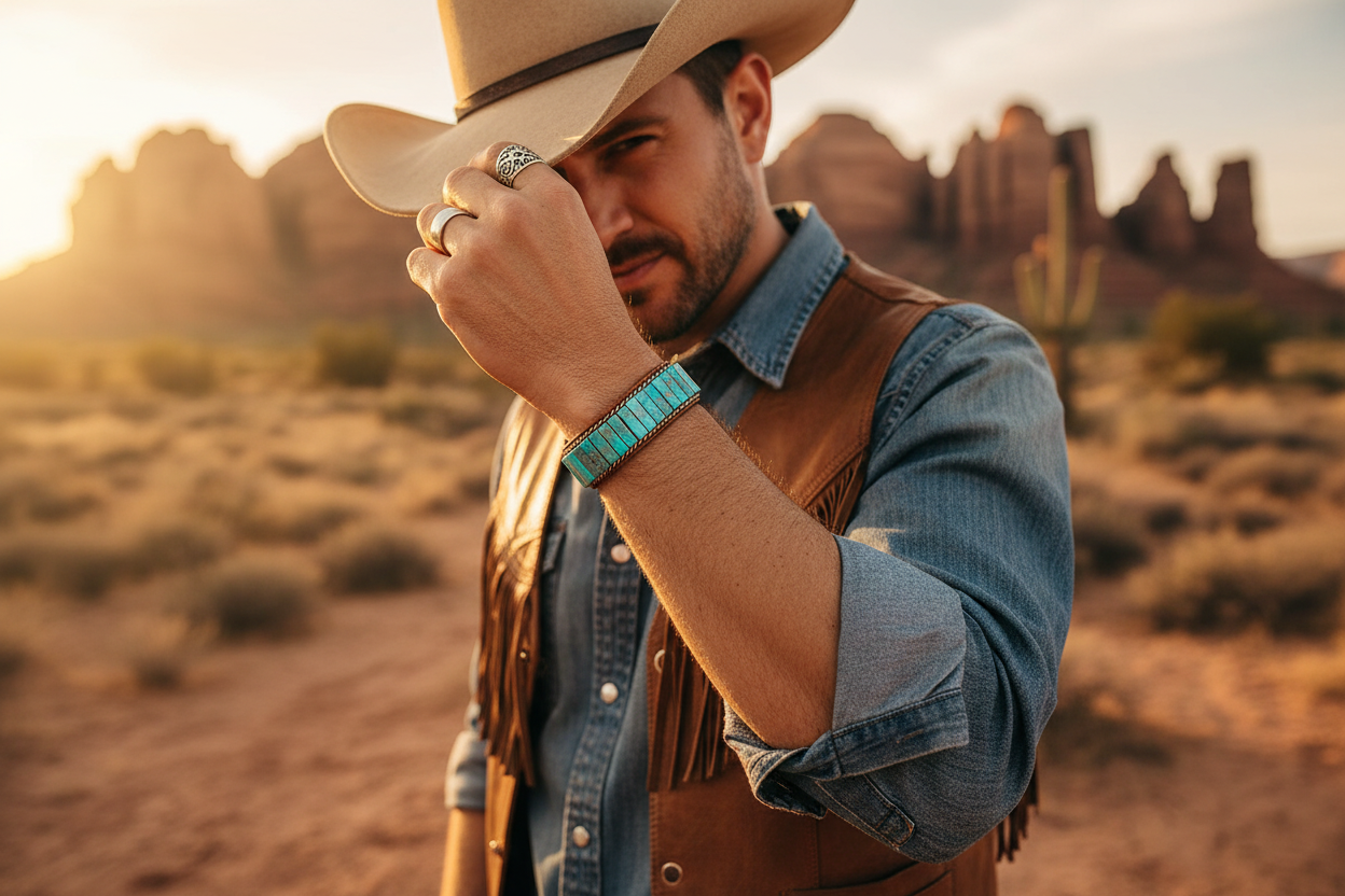 Turquoise beaded chain bracelet on wrist with brown leather band and gold-toned links