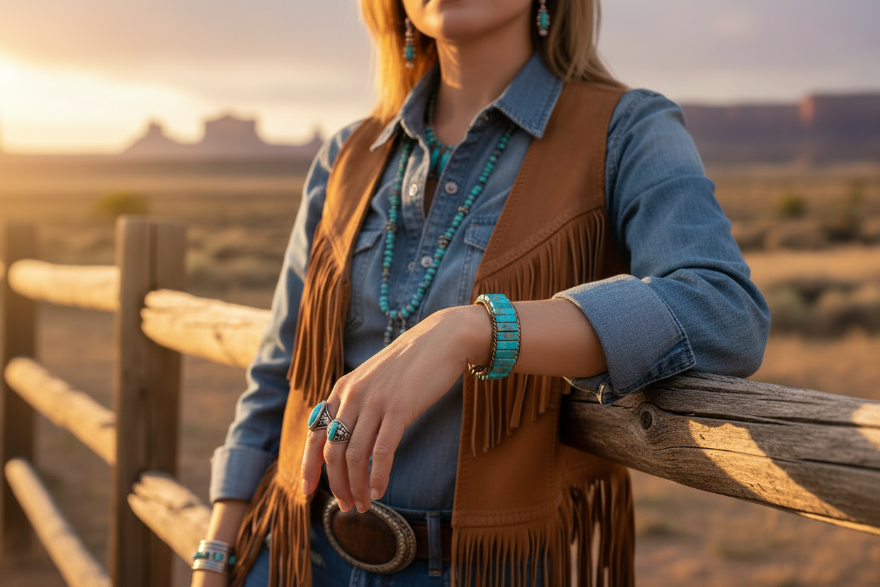 Turquoise bead chain bracelet with cuff design on wrist.
