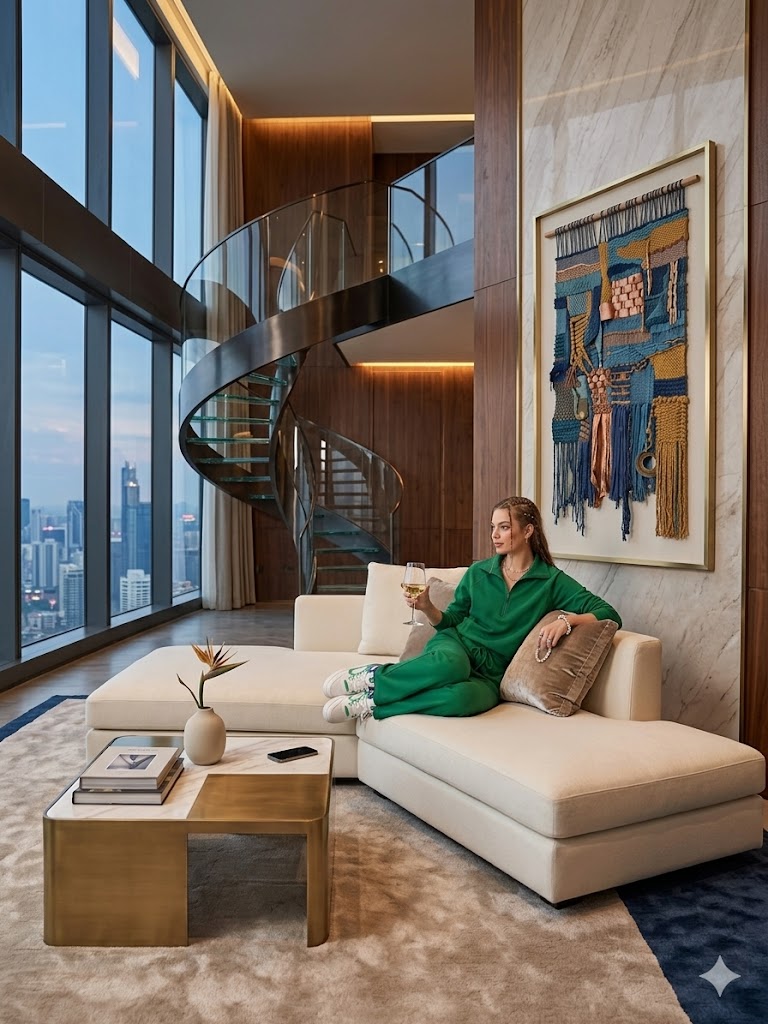 Green two-piece lounge set with zip-front long-sleeve sweatshirt and wide-leg pants