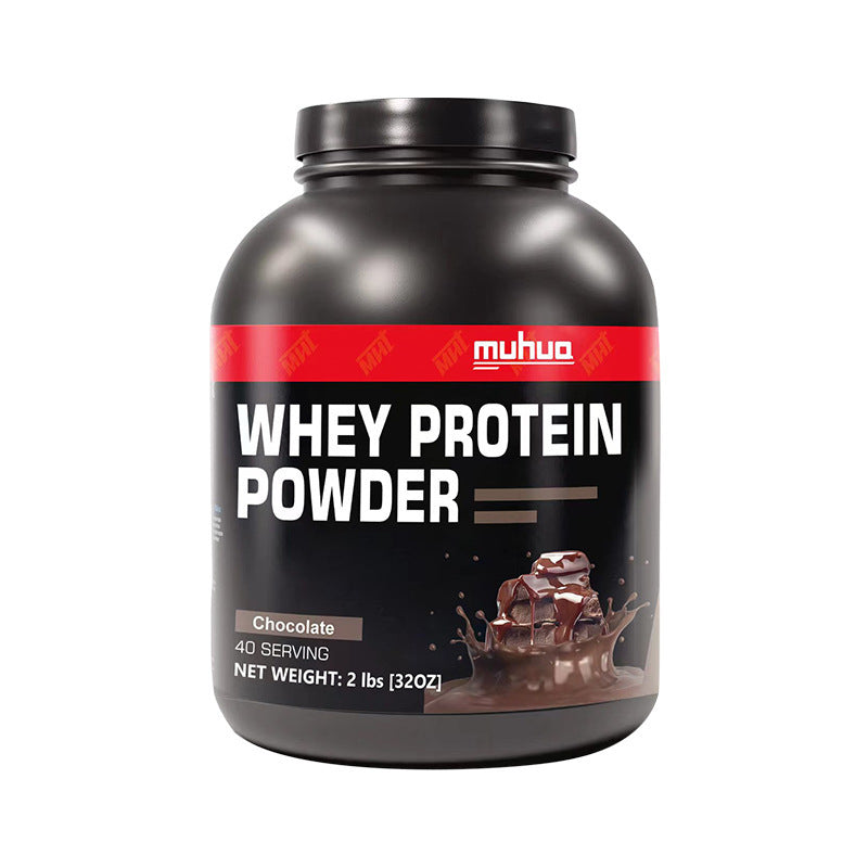 Chocolate whey protein powder bottle with muhuva logo and black label
