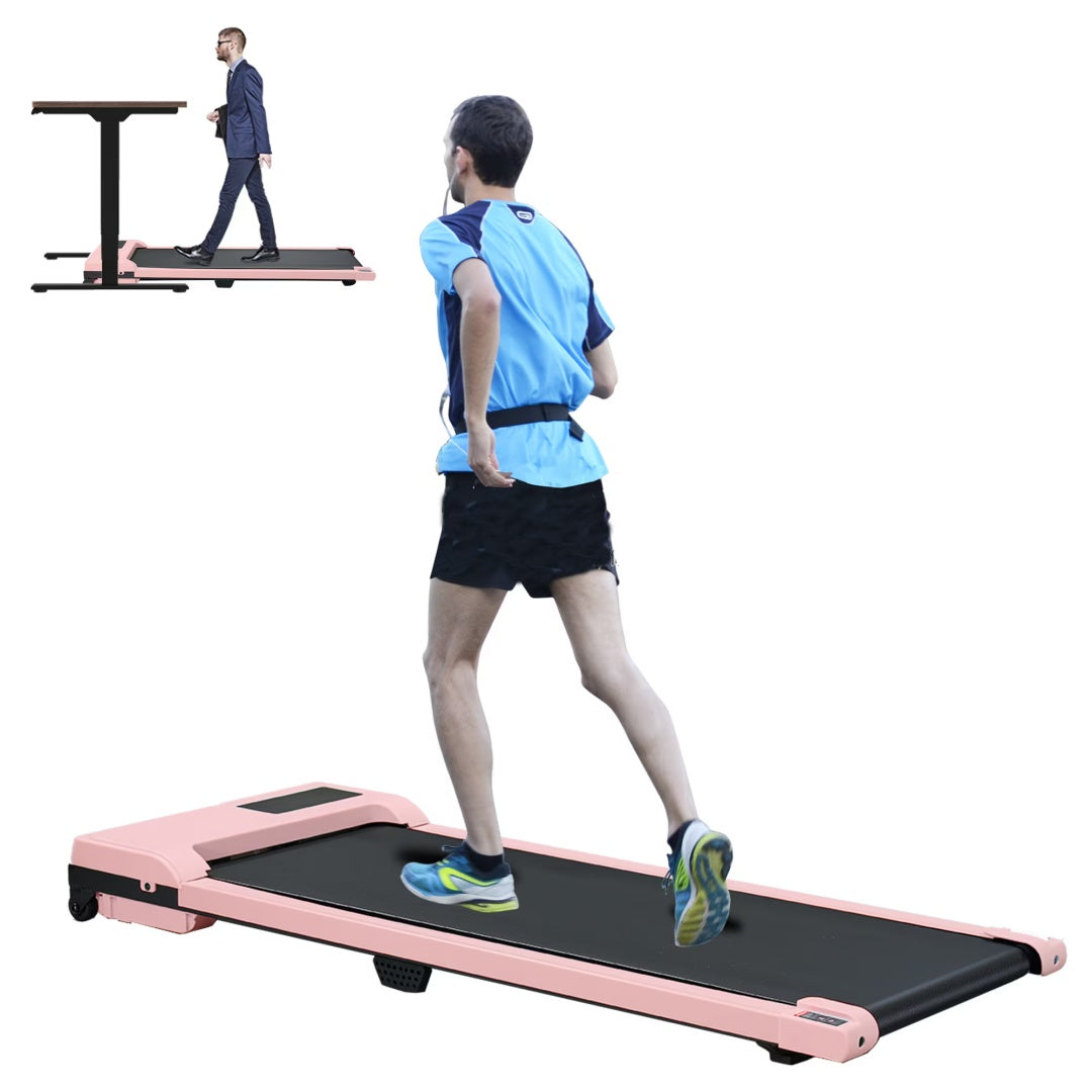 Pink portable walking pad treadmill with black belt and compact folding legs, in motion