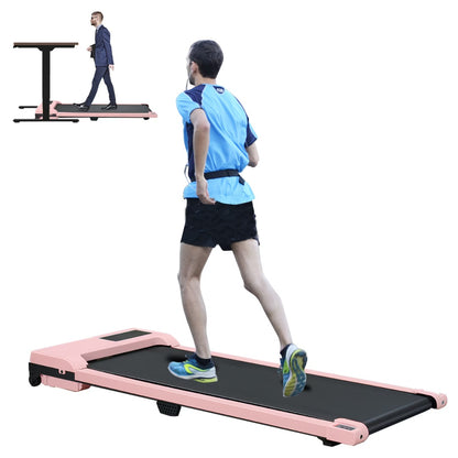 Pink portable walking pad treadmill with black belt and compact folding legs, in motion