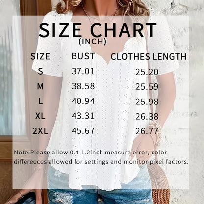Women's Summer Scallop Trim V Neck Eyelet T-Shirt Short Sleeve Top Dressy Casual Tunic Blouses