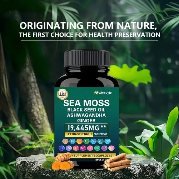 Sea moss supplement bottle with black seed oil, ashwagandha, ginger 19,445 mg
