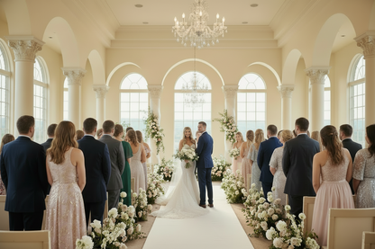 White lace fishtail wedding dress with strapless bodice and long train from aisle view