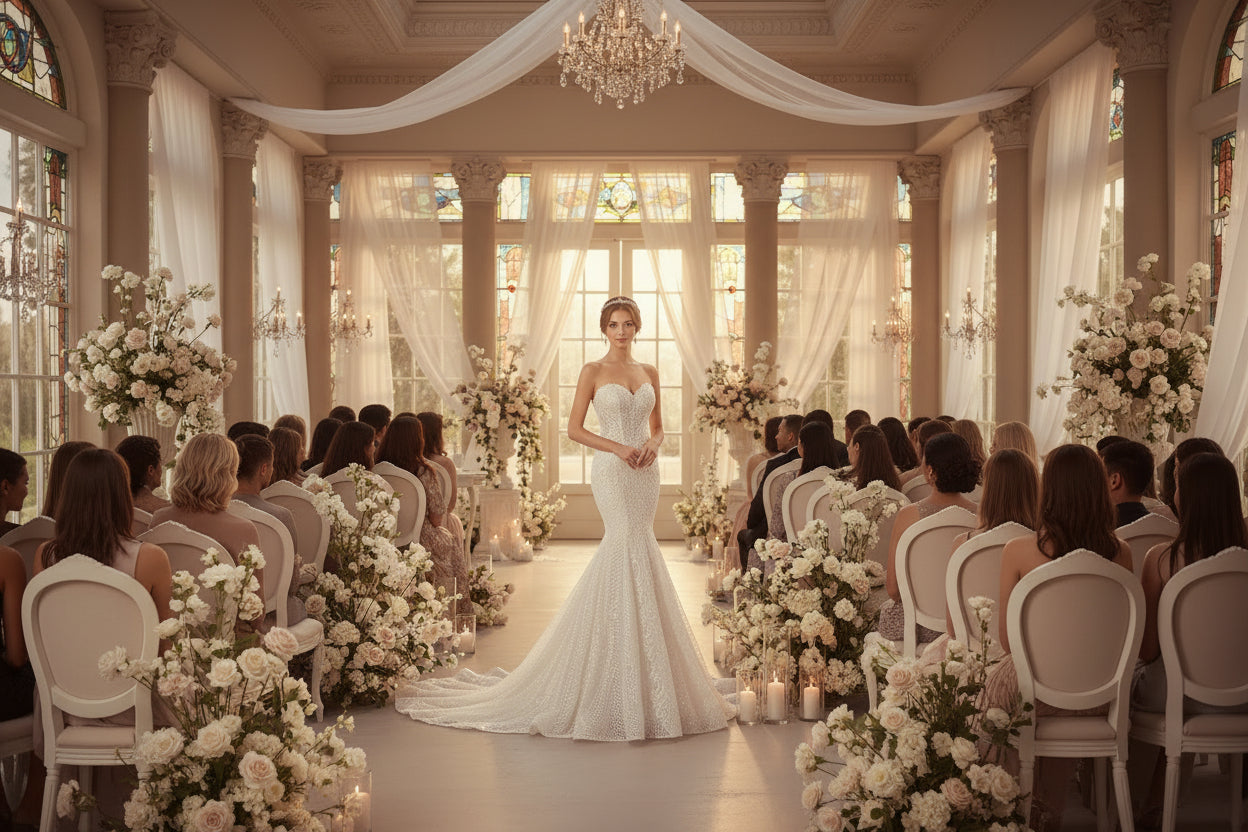 White lace fishtail wedding dress with strapless sweetheart bodice and long train