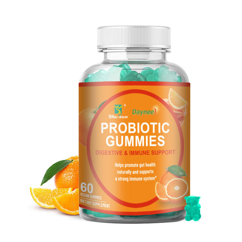 Gummy supplement bottle with teal gummies and white ribbed cap