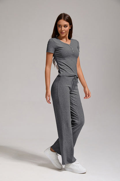 Women's Casual Two-piece Set With V-neck Button, Short Sleeved, Low Waisted Flared Pants, Sportswear