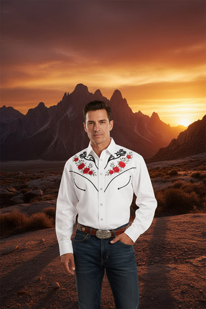 Men's white long-sleeve polo-collar button shirt with dark floral and curved embroidery