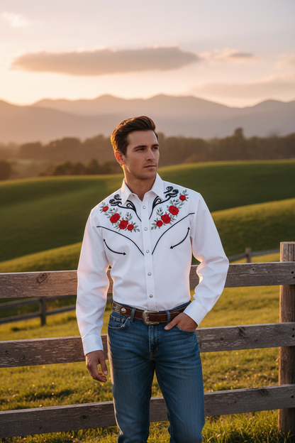 Men's long-sleeve polo-collar button shirt in white with red floral print