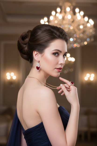 Water drop crystal bridal jewelry set with red teardrop earrings and pendant necklace
