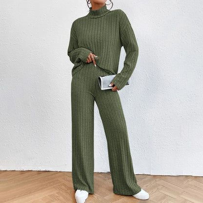 Women's Solid Color 2-Piece Set High Neck Long Sleeve Top & Pants, Striped Loungewear