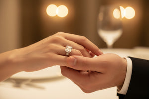 Silver ring featuring a square baguette-cut center stone