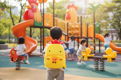 Yellow plush chick backpack with red beak, padded straps, front zipper