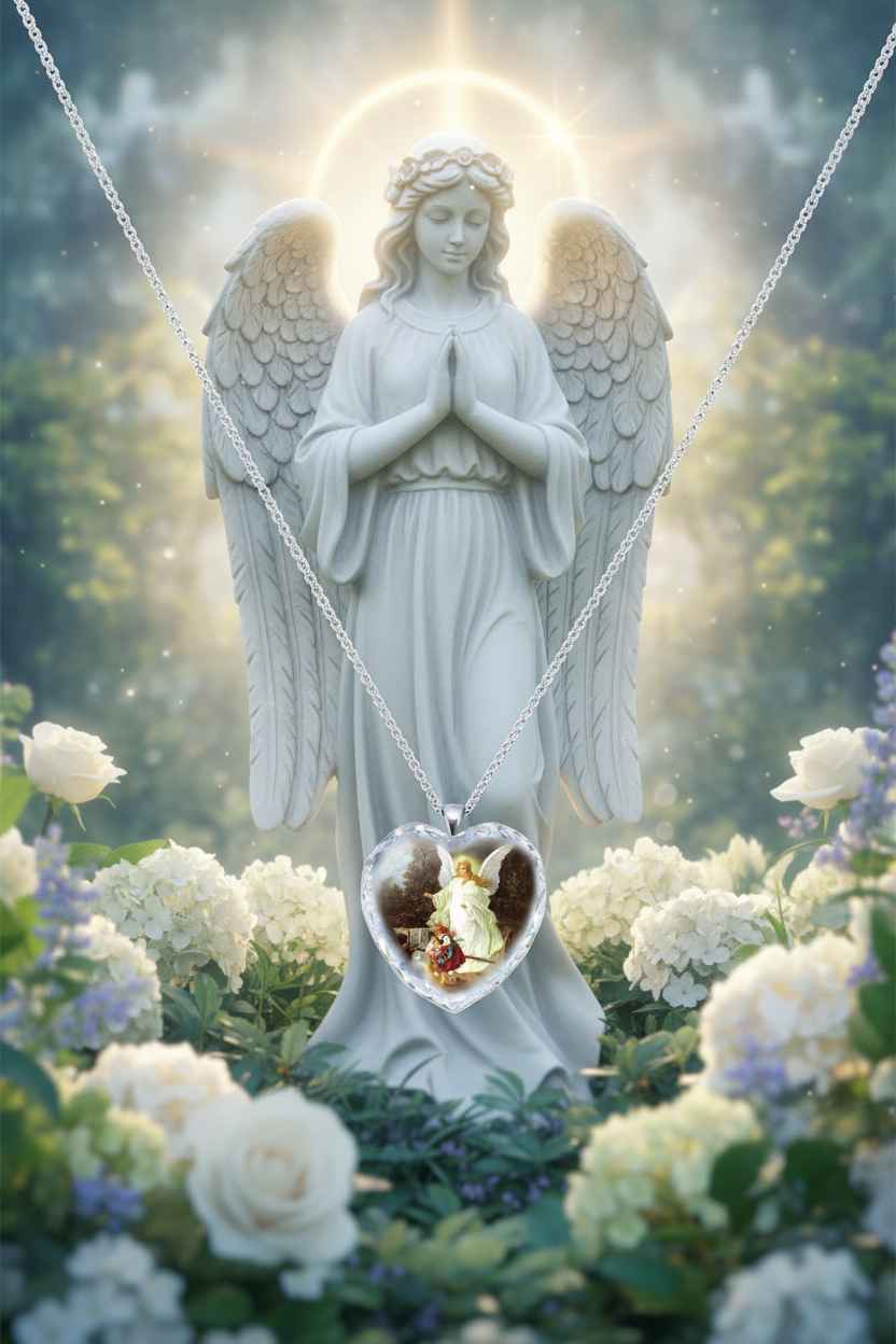 Heart necklace pendant with silver-tone chain and angel scene in clear heart bezel