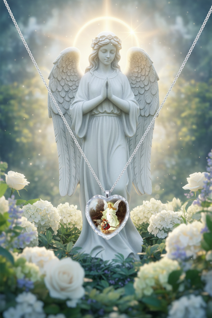 Heart necklace pendant with silver-tone chain and angel scene in clear heart bezel