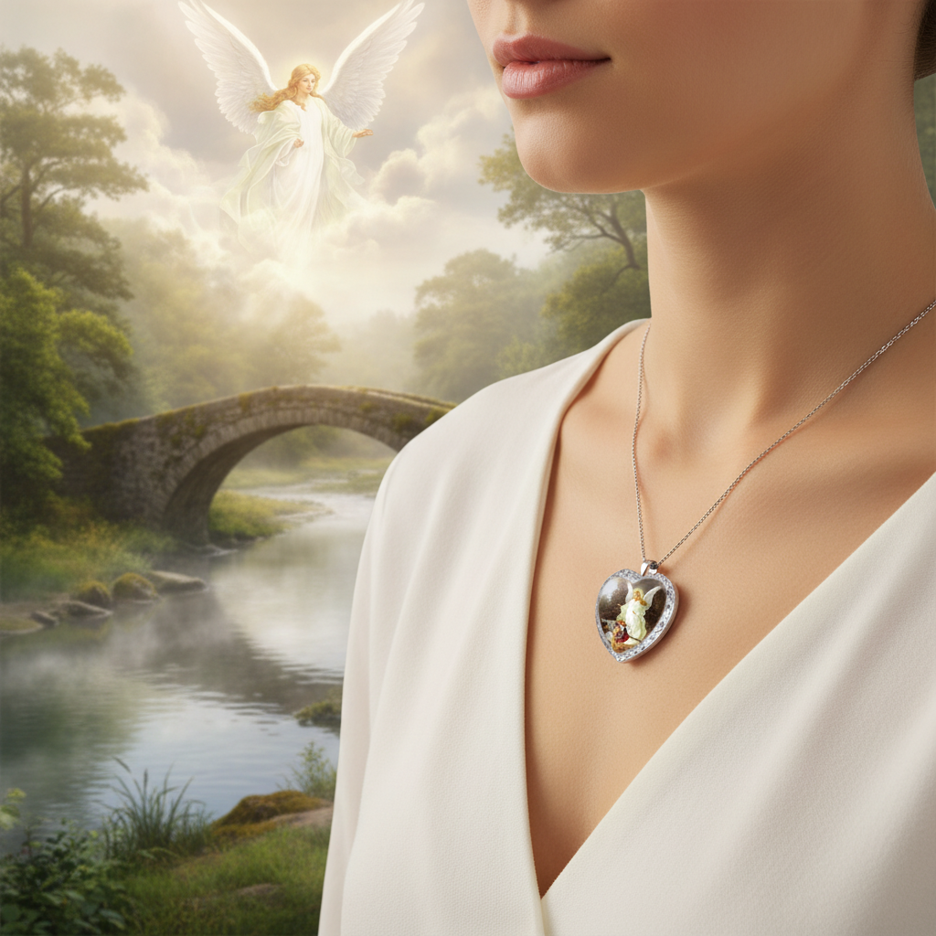 Heart-shaped crystal pendant necklace with angel figure on silver-tone chain