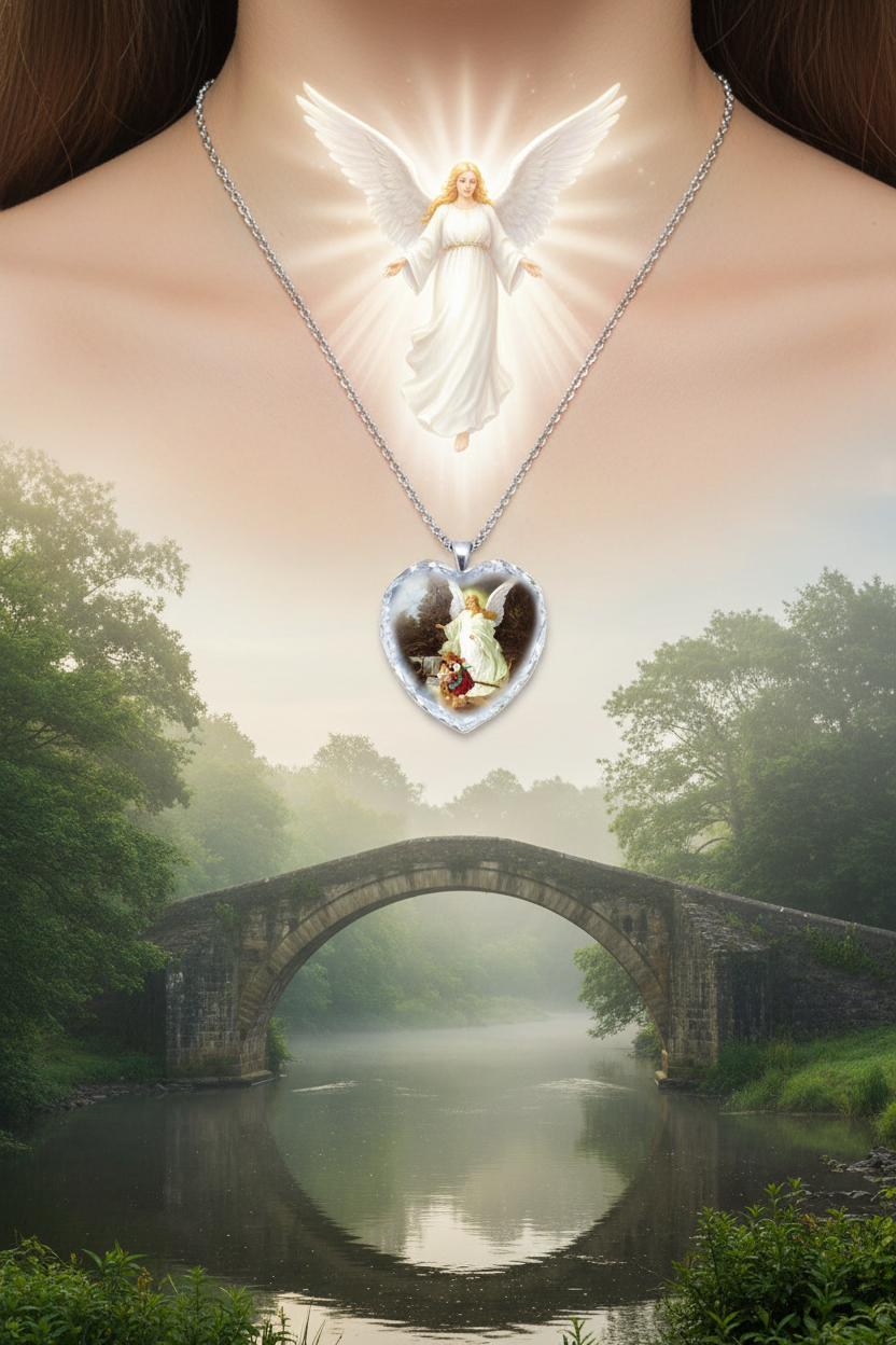 Heart necklace pendant with heart crystal and angel figure center, silver-tone chain
