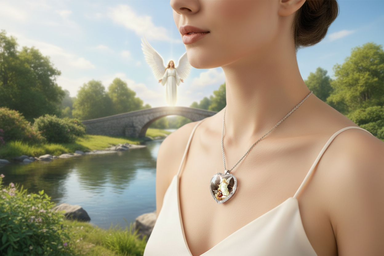 Heart-shaped crystal pendant necklace with angel figure, silver-tone chain