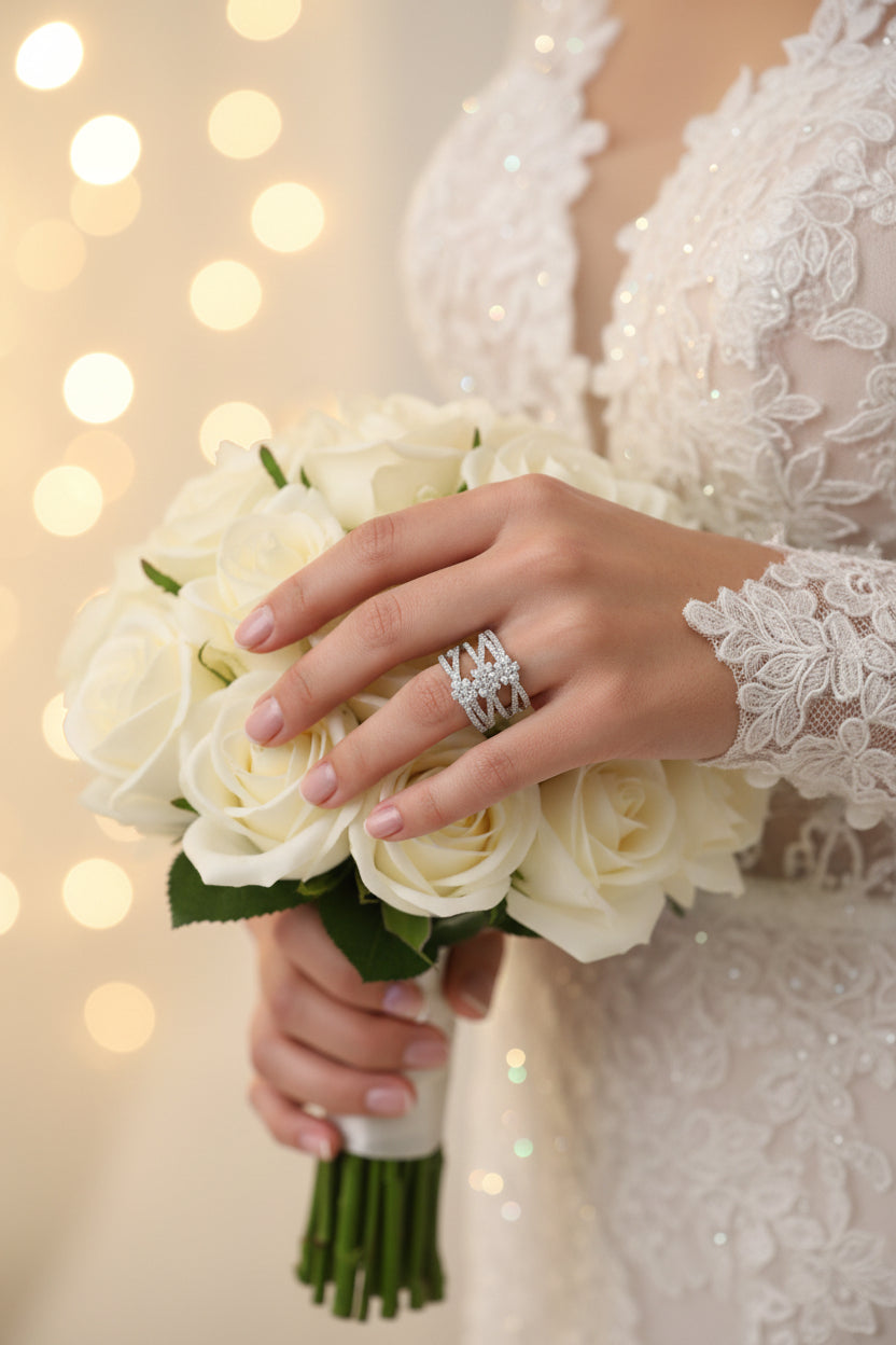 Diamond ring set with stacked bands, silver on bouquet