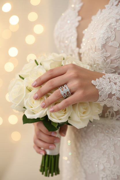 Diamond ring set with stacked bands, silver on bouquet