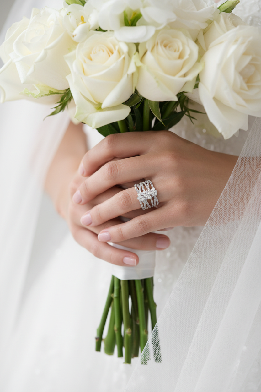 Silver diamond ring set with stacked bands on hand