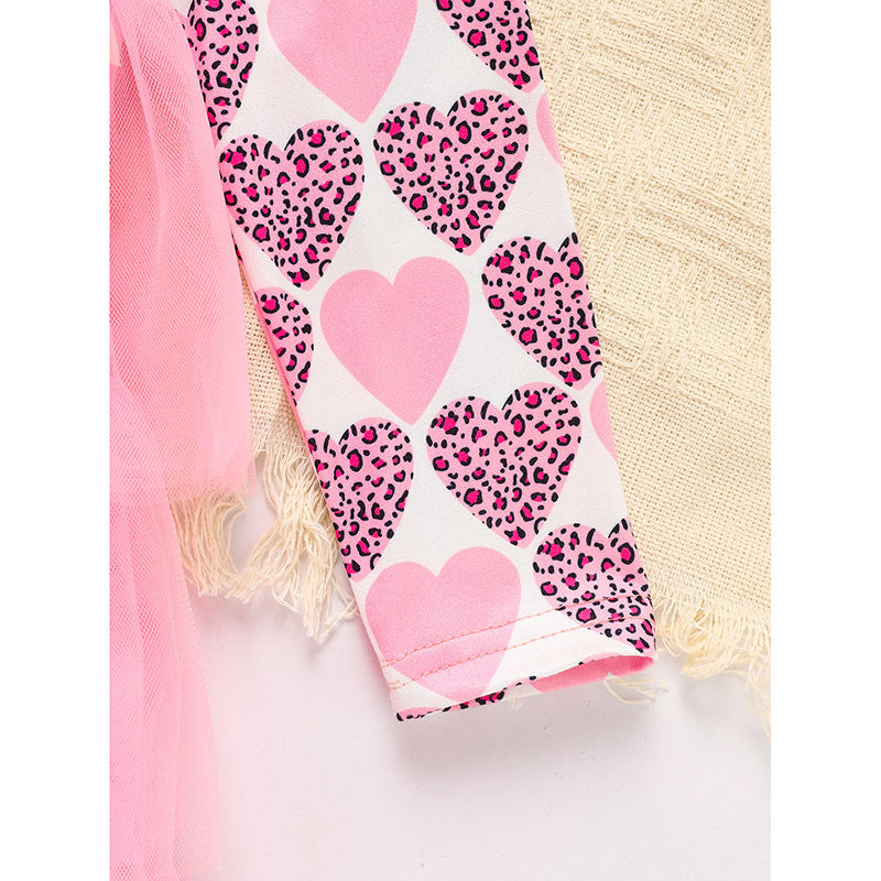 Toddler Girls Outfits Long Sleeve Graphic Heart Print Mesh Tulle Valentine Birthday Party Dress