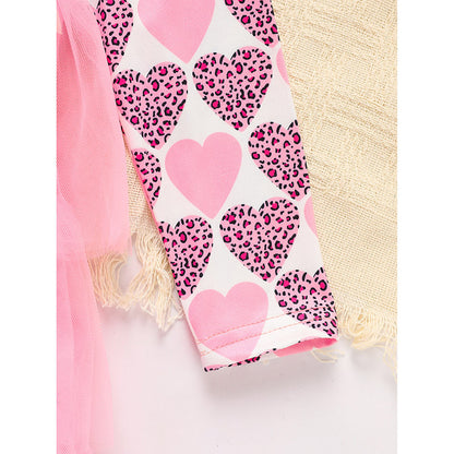 Toddler Girls Outfits Long Sleeve Graphic Heart Print Mesh Tulle Valentine Birthday Party Dress