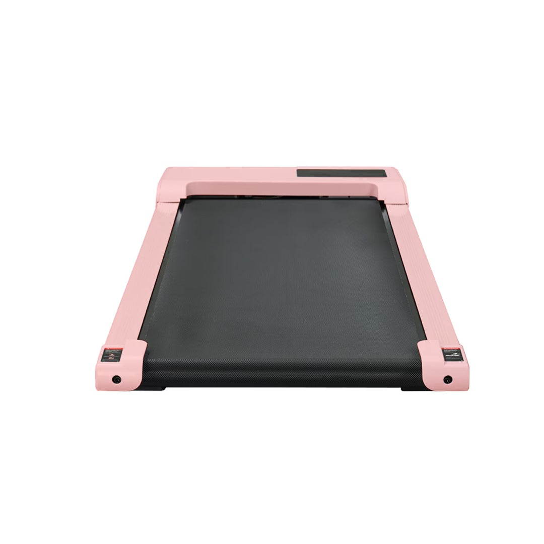 Pink walking pad treadmill front view with black belt and control panel