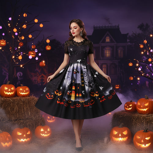 Halloween Party Lace Patchwork Positioning Print Short Sleeve Swing Dress