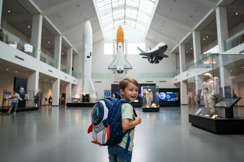 Kids astronaut backpack, dark blue with round bubble window and space patch