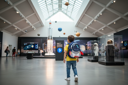 Kids astronaut backpack, dark blue with space graphics and round bubble window