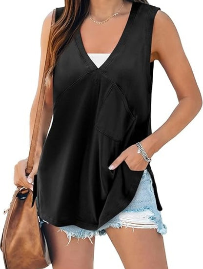 Fisoew Women's Summer Tank Tops V Neck Sleeveless Casual Loose Flowy Tunic Workout T Shirts