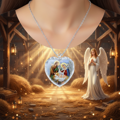 Heart-shaped crystal pendant on silver chain with nativity scene charm