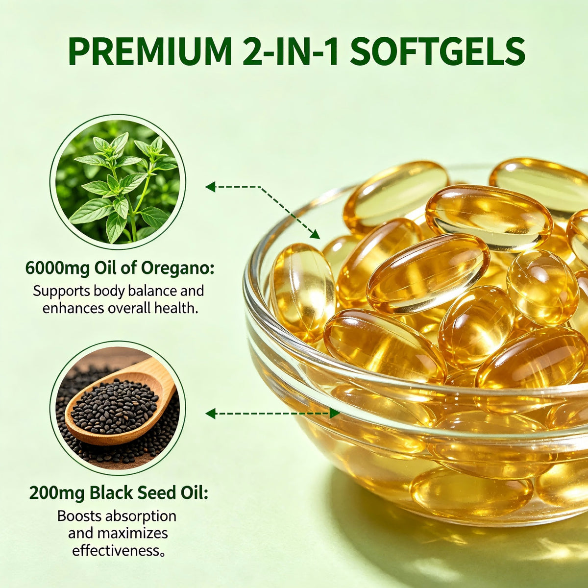 Premium 2-in-1 oregano and black seed oil softgels capsules, 6000mg + 200mg